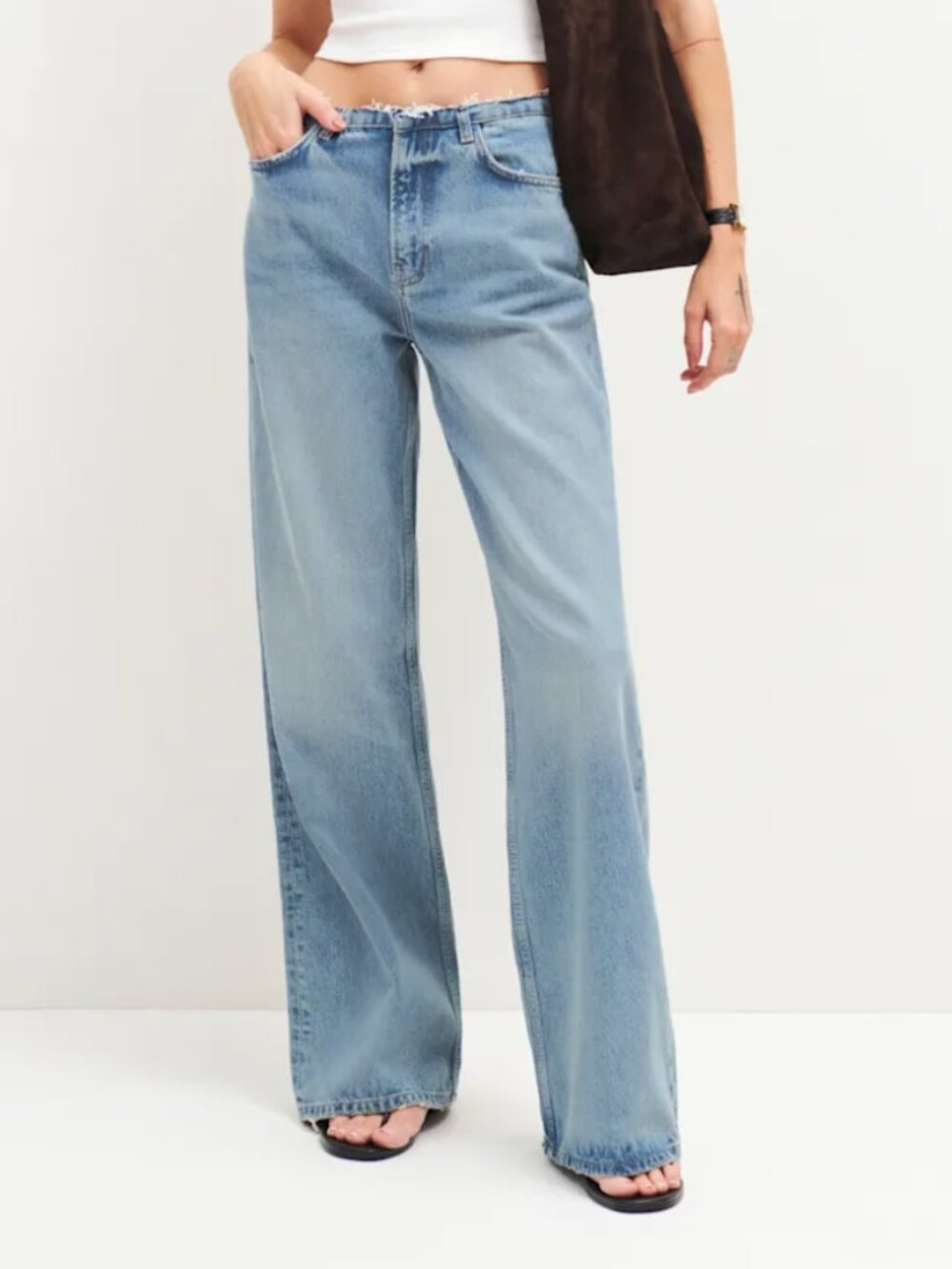 Reformation Cary Mid Rise Cut Off Waistband Wide Leg Jeans Atwood - Size 28